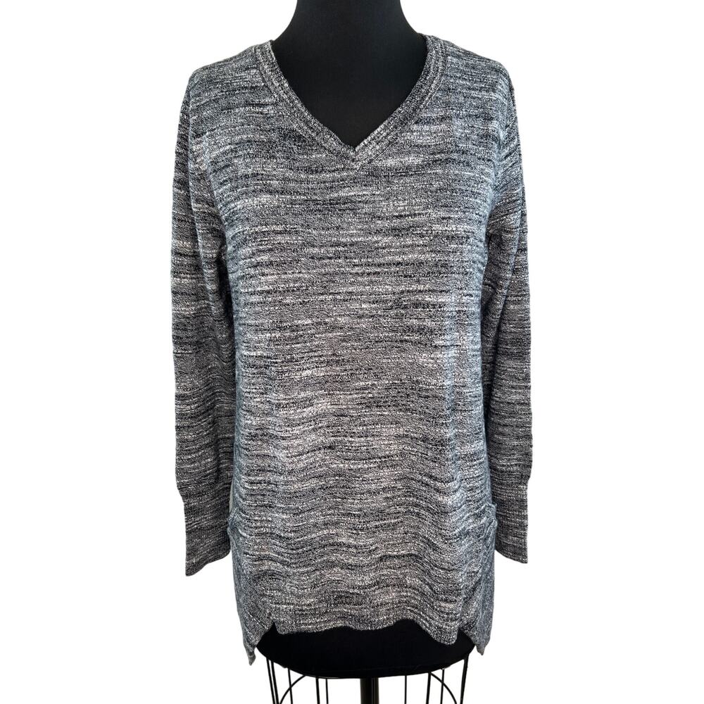 LOGO Lori Goldstein Gray Cotton Cashmere Blend Melange V-Neck Top Size S